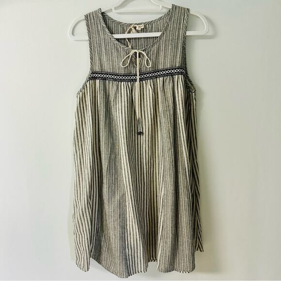 Hem & Thread Striped Dress Tie Round Neck Sleeveless Cotton Gray Boho M - Picture 1 of 10
